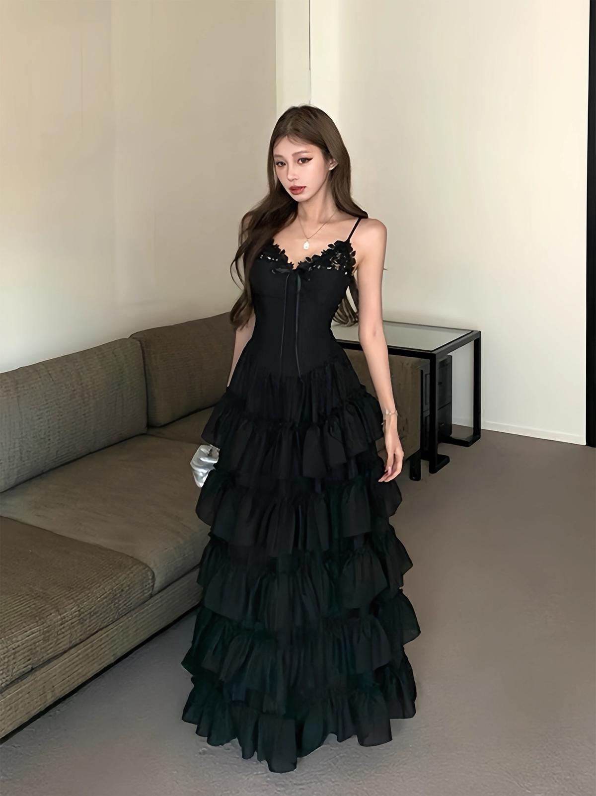 A-Line Black Layered Prom Dress Formal Evening Dress