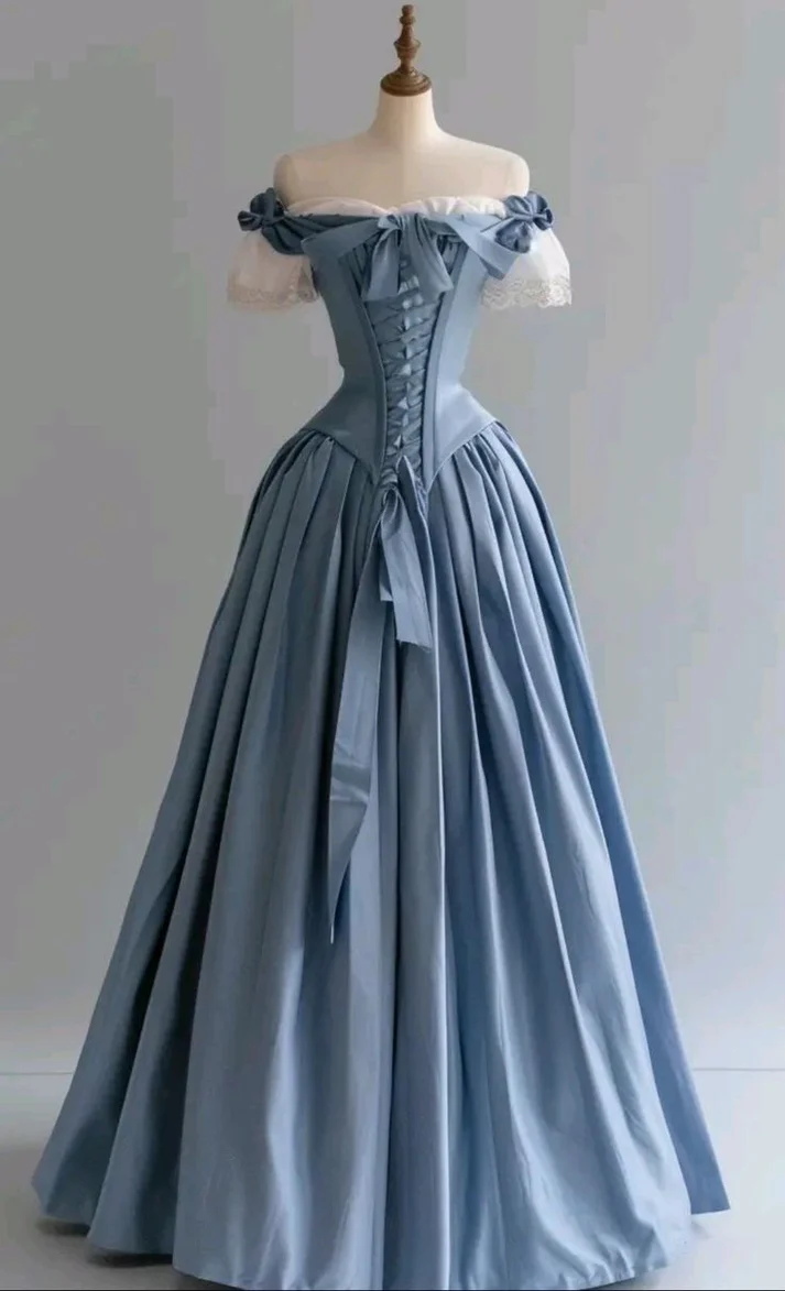 Blue Satin A-Line Long Prom Dresses Formal Off-The-Shoulder Evening Gowns  J9279