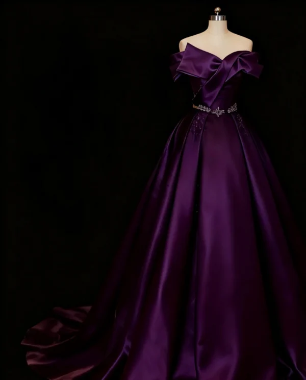 Off-the-Shoulder A-Line Long Prom Dresses Satin Purple Evening Dresses