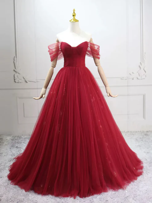 Elegant Off-Shoulder A-Line Tulle Long Prom Dresses Burgundy Formal Evening Dresses
