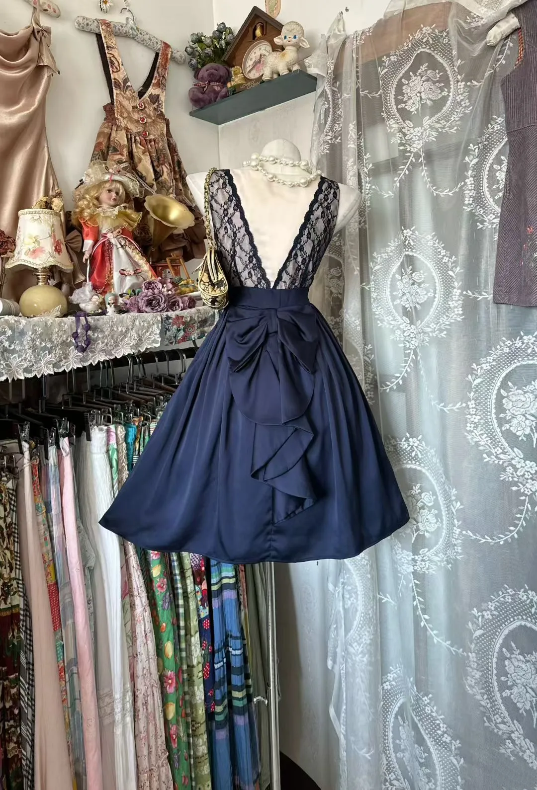 Navy Blue A-Line Birthday Dress Black Lace Short Party Dress