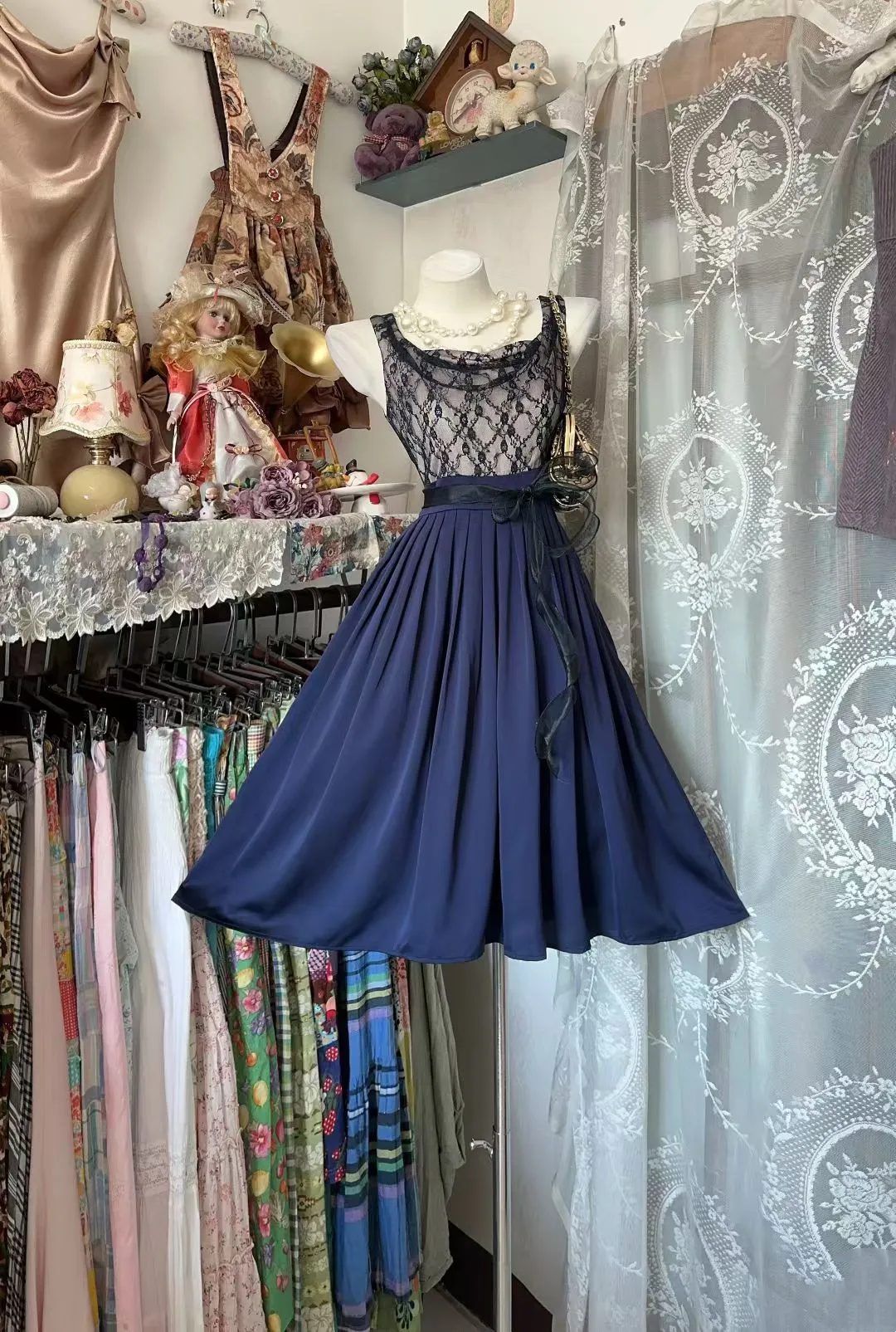 Navy Blue A-Line Birthday Dress Black Lace Short Party Dress