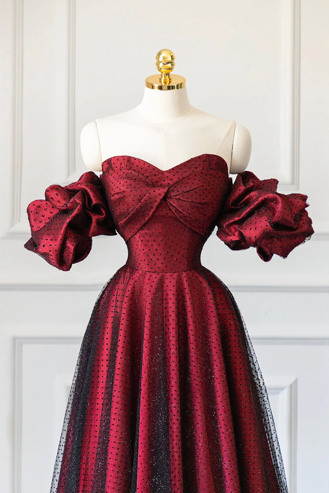 A-Line Off-the-Shoulder Burgundy Tulle Long Evening & Prom Dress