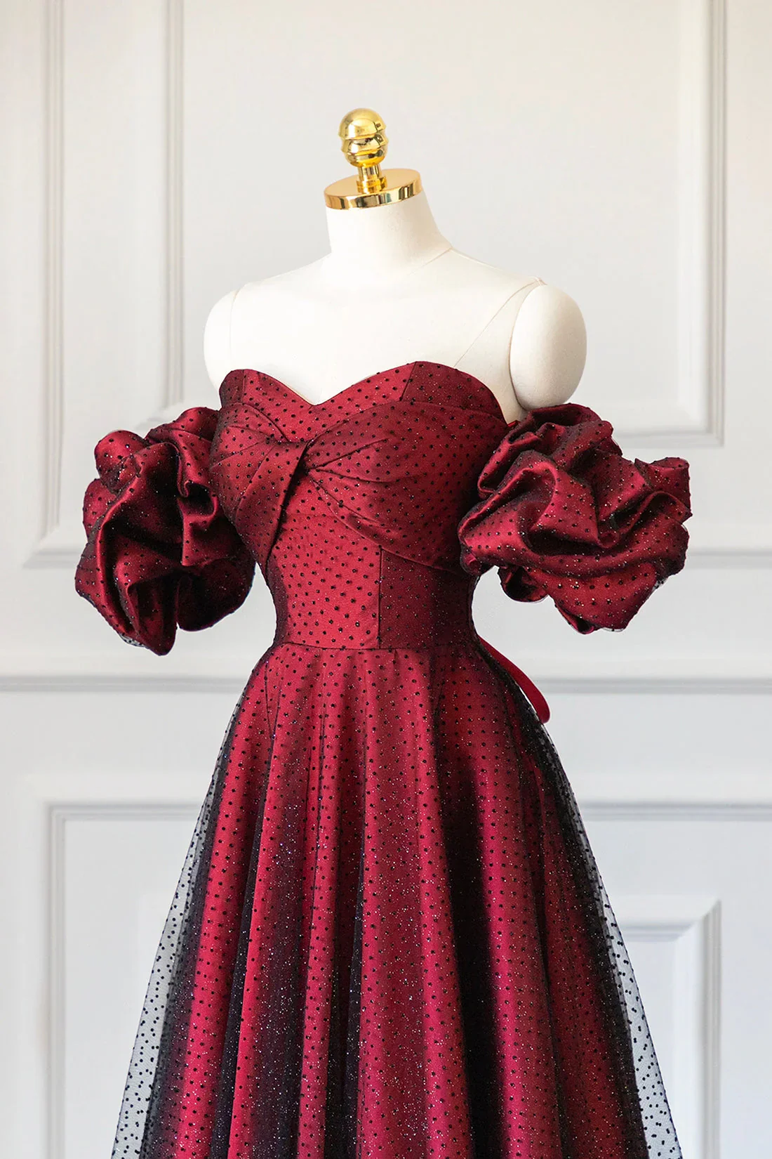 A-Line Off-the-Shoulder Burgundy Tulle Long Evening & Prom Dress