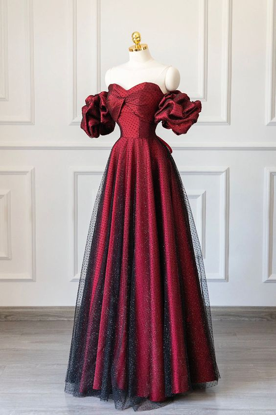 A-Line Off-the-Shoulder Burgundy Tulle Long Evening & Prom Dress