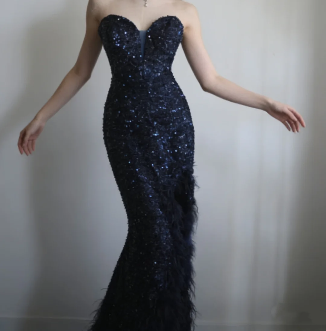 Sweetheart Mermaid Sequin Long Prom Dress Navy Blue Evening Party Dress