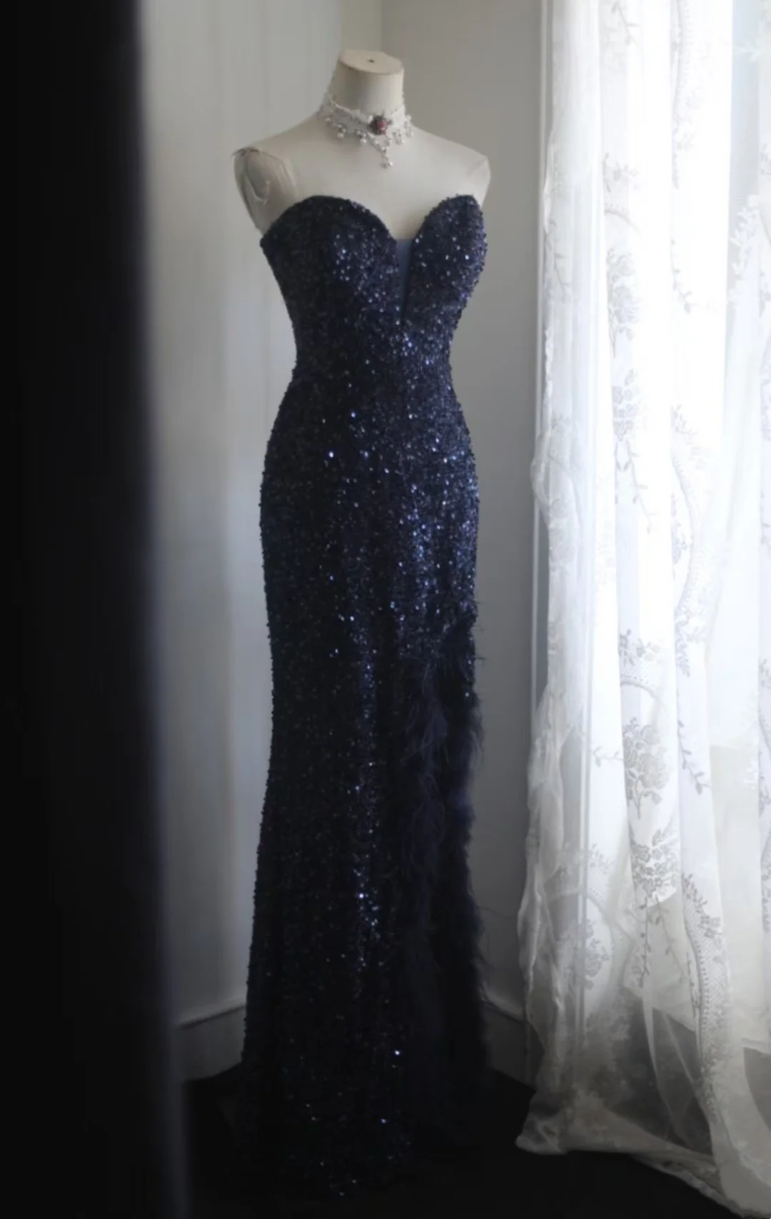 Sweetheart Mermaid Sequin Long Prom Dress Navy Blue Evening Party Dress