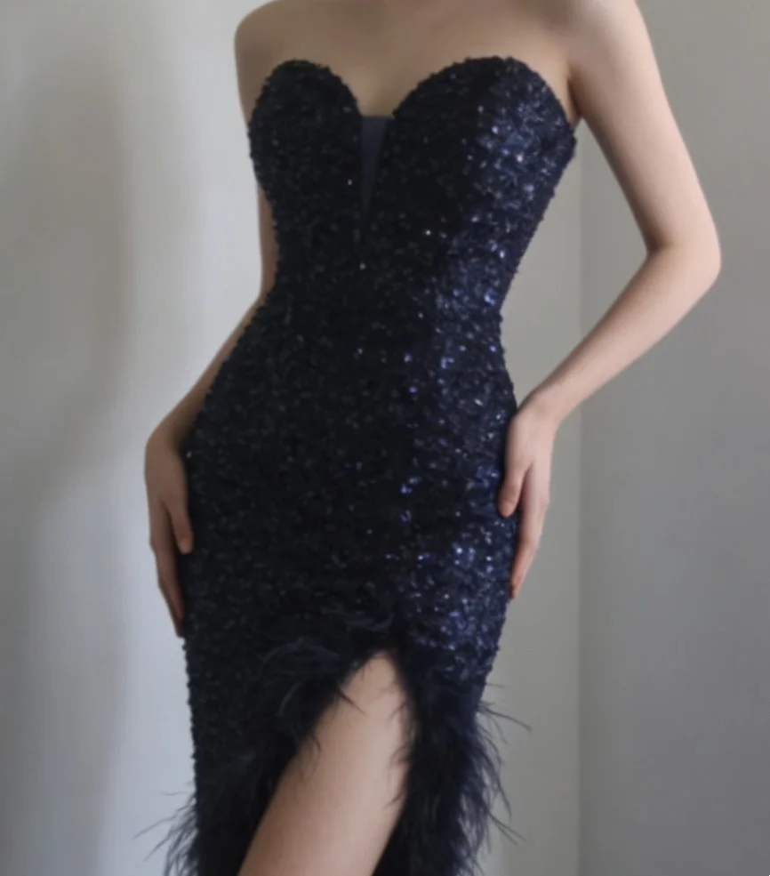 Sweetheart Mermaid Sequin Long Prom Dress Navy Blue Evening Party Dress