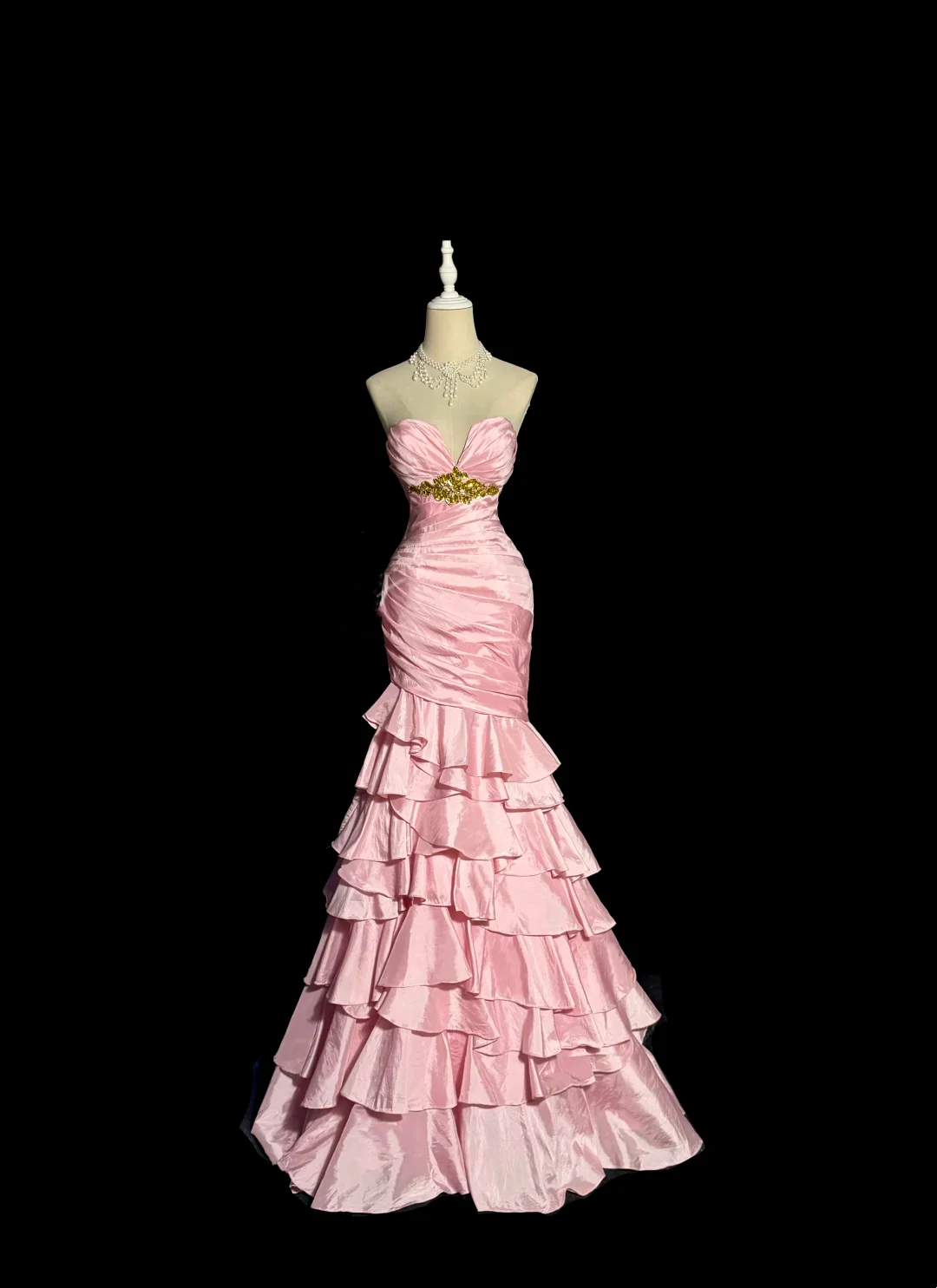 Sweetheart Beaded Pink Mermaid Prom Dress Layered Formal Party Dress