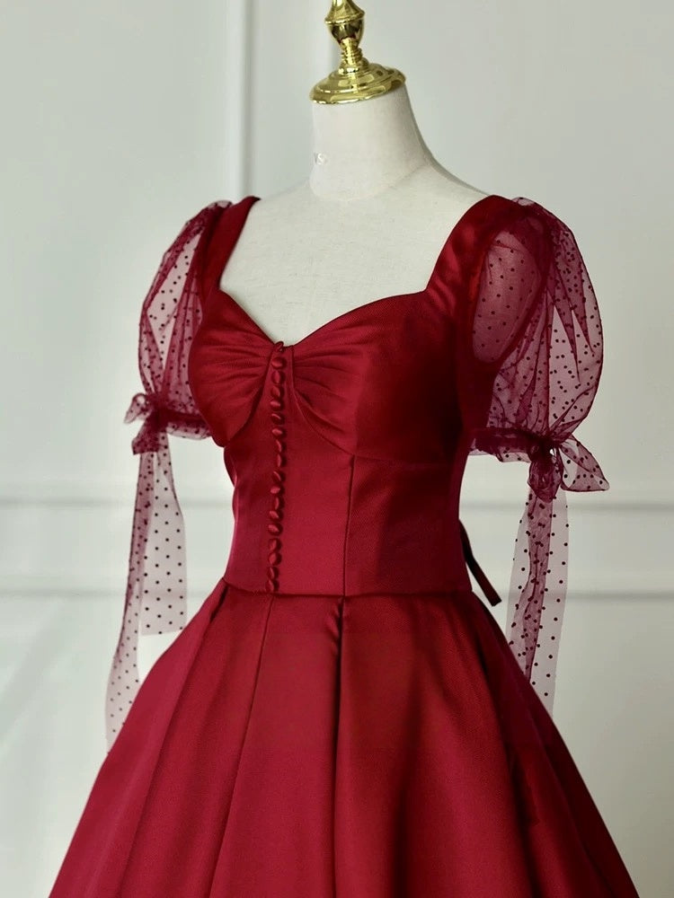 A-Line Sweetheart Burgundy Satin Evening & Prom Dress