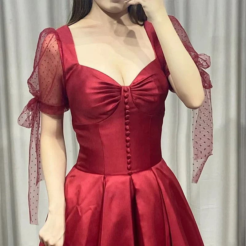 A-Line Sweetheart Burgundy Satin Evening & Prom Dress