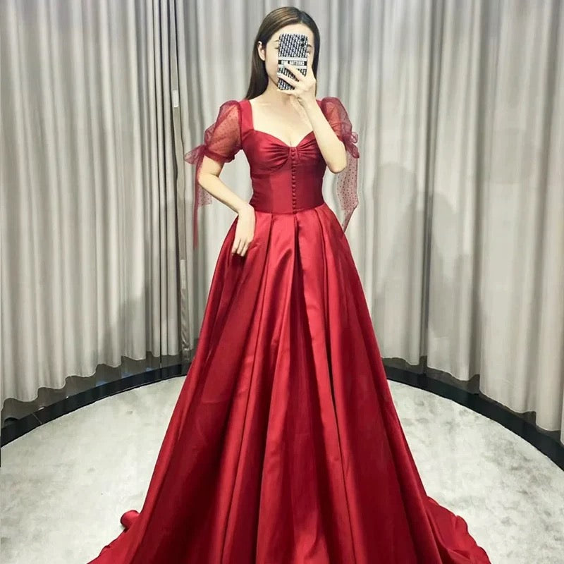 A-Line Sweetheart Burgundy Satin Evening & Prom Dress