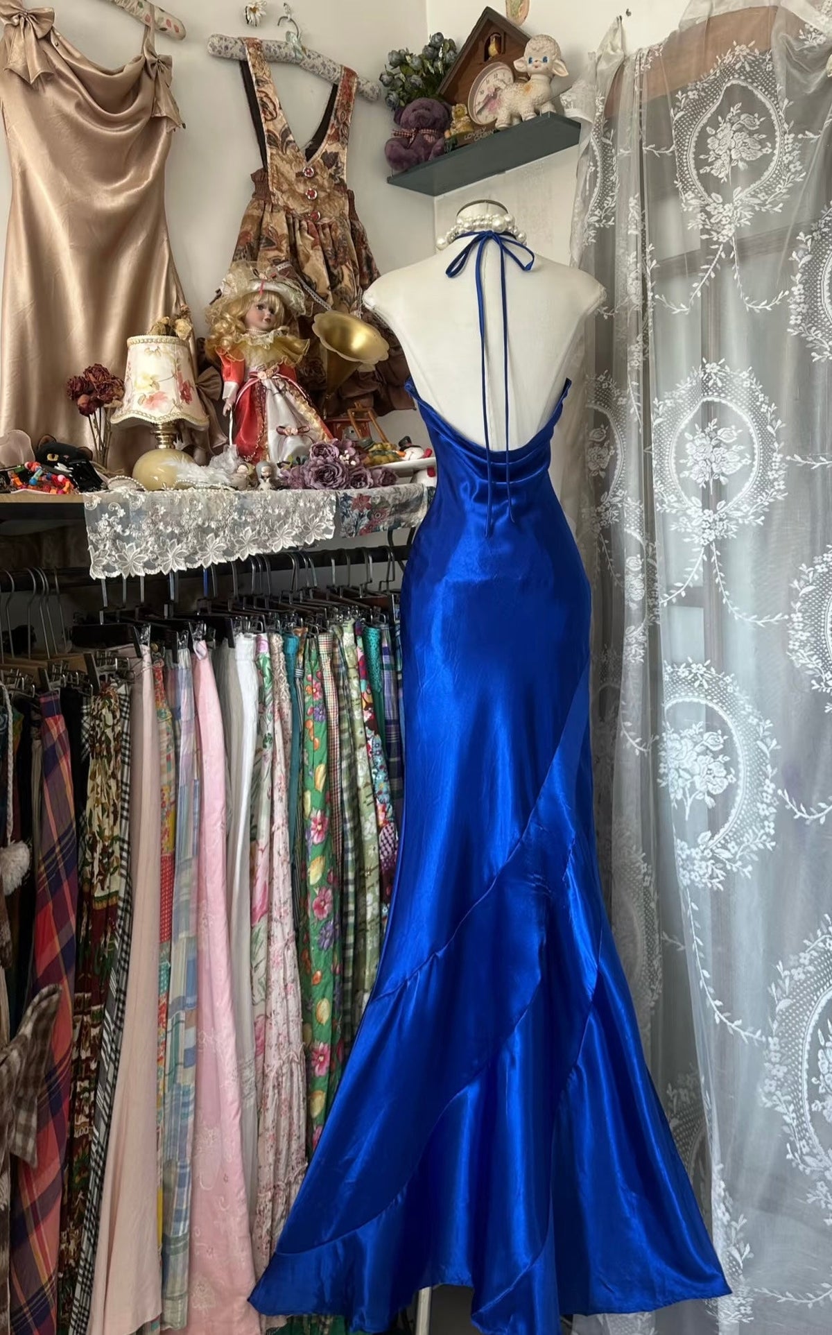 Royal Blue Halter Prom Dress Satin Evening Dress Formal Party Dress