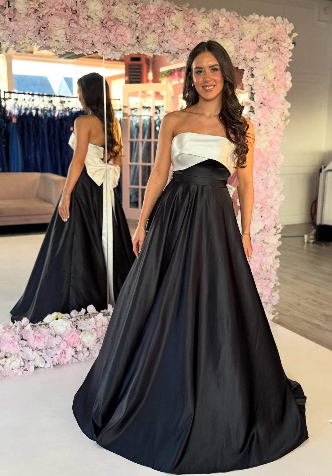 Strapless A-Line Black Prom Dress Satin Evening Dress