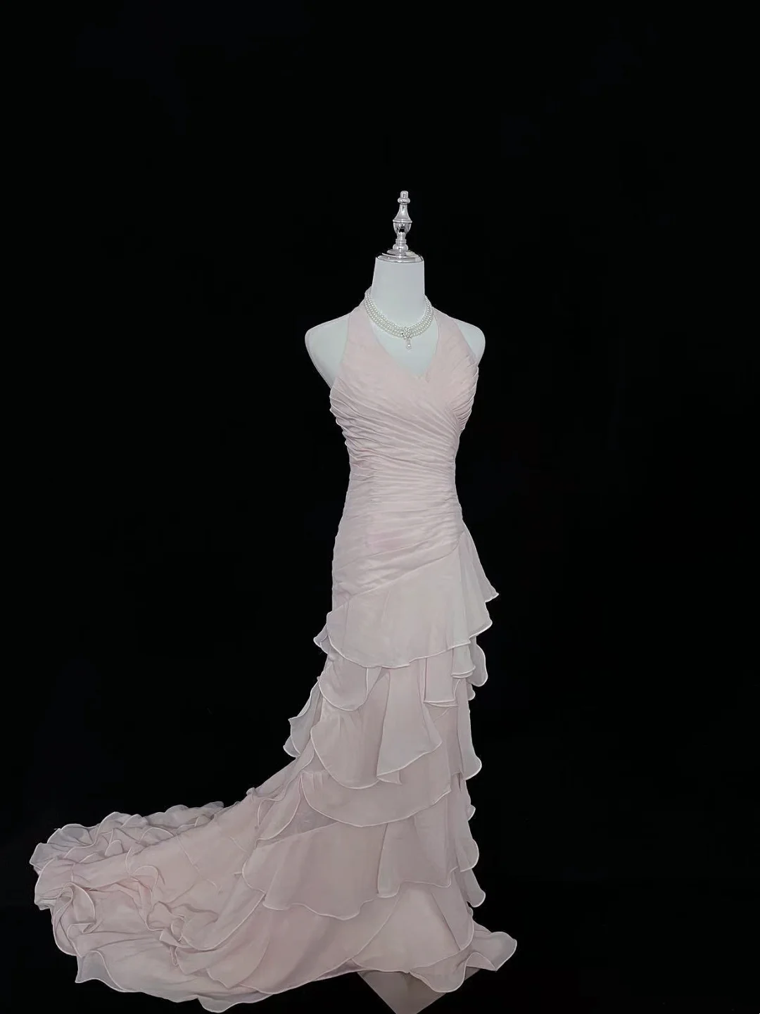 Halter V-Neck Pink Ruffle Layered Prom Dress Formal Evening Gowns