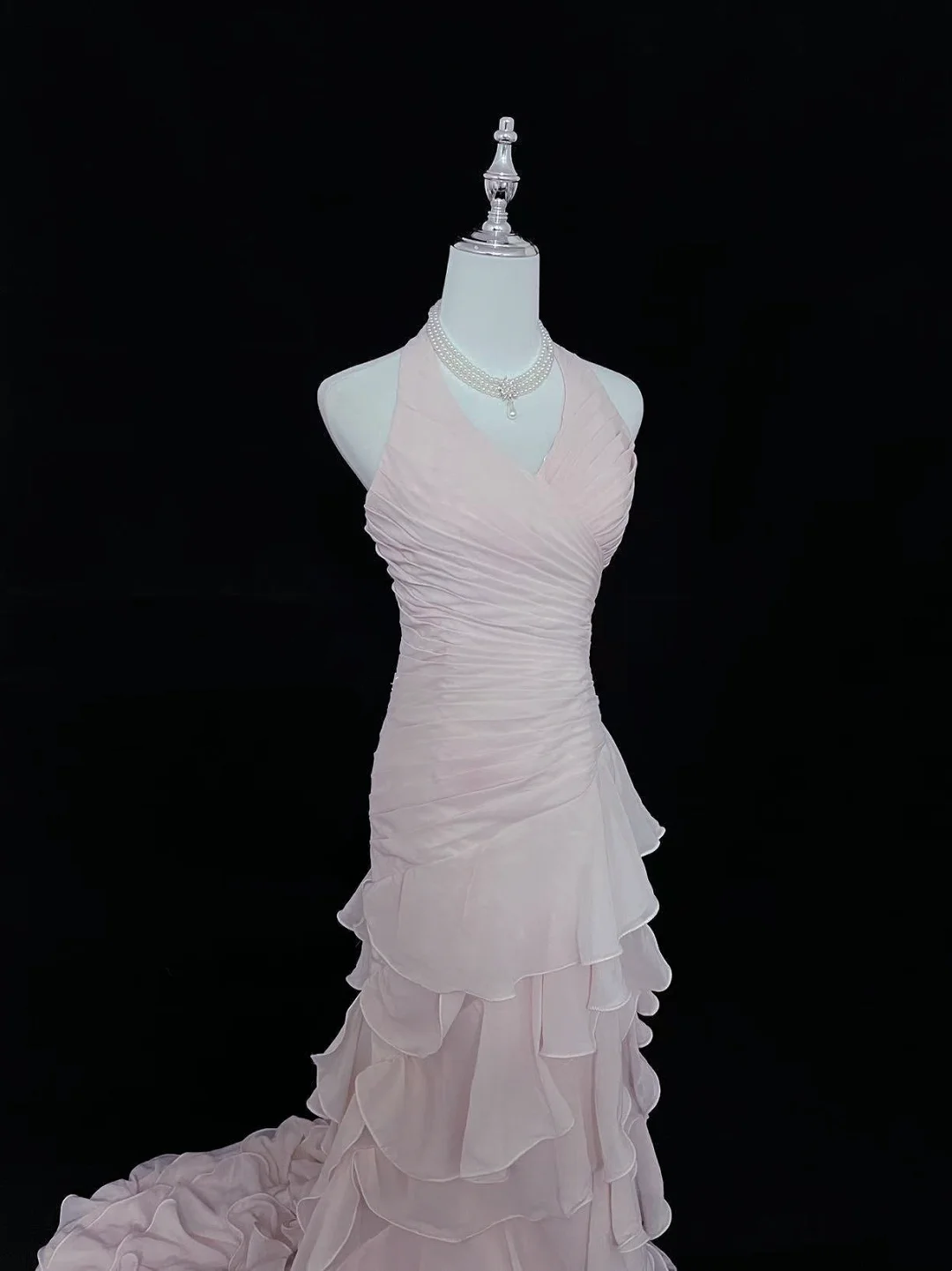 Halter V-Neck Pink Ruffle Layered Prom Dress Formal Evening Gowns