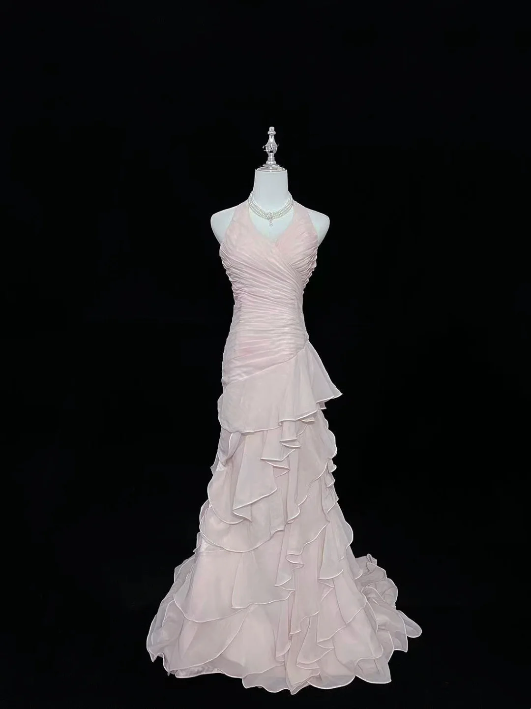 Halter V-Neck Pink Ruffle Layered Prom Dress Formal Evening Gowns