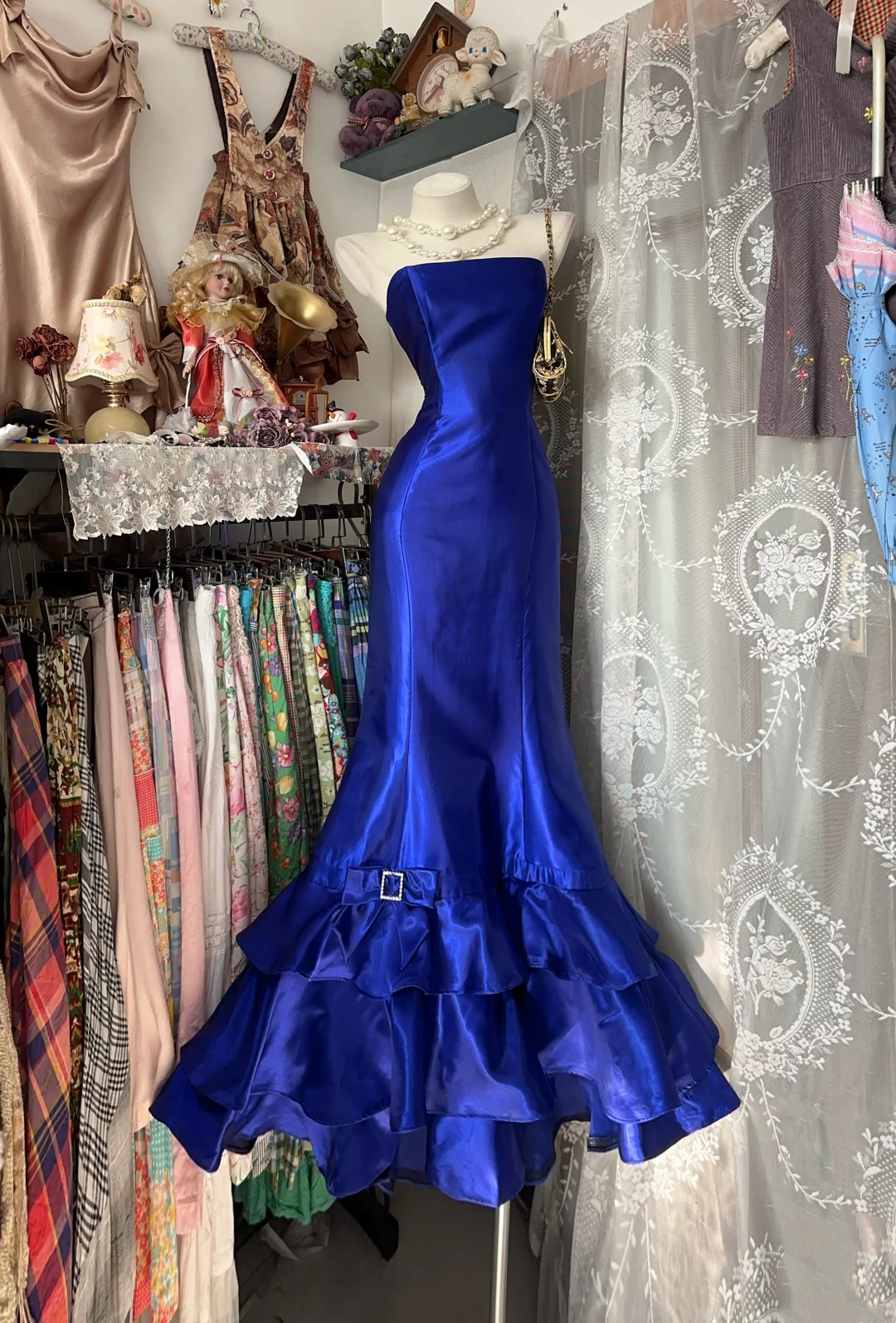 Strapless Royal Blue Satin Prom Dress Mermaid Evening Dress