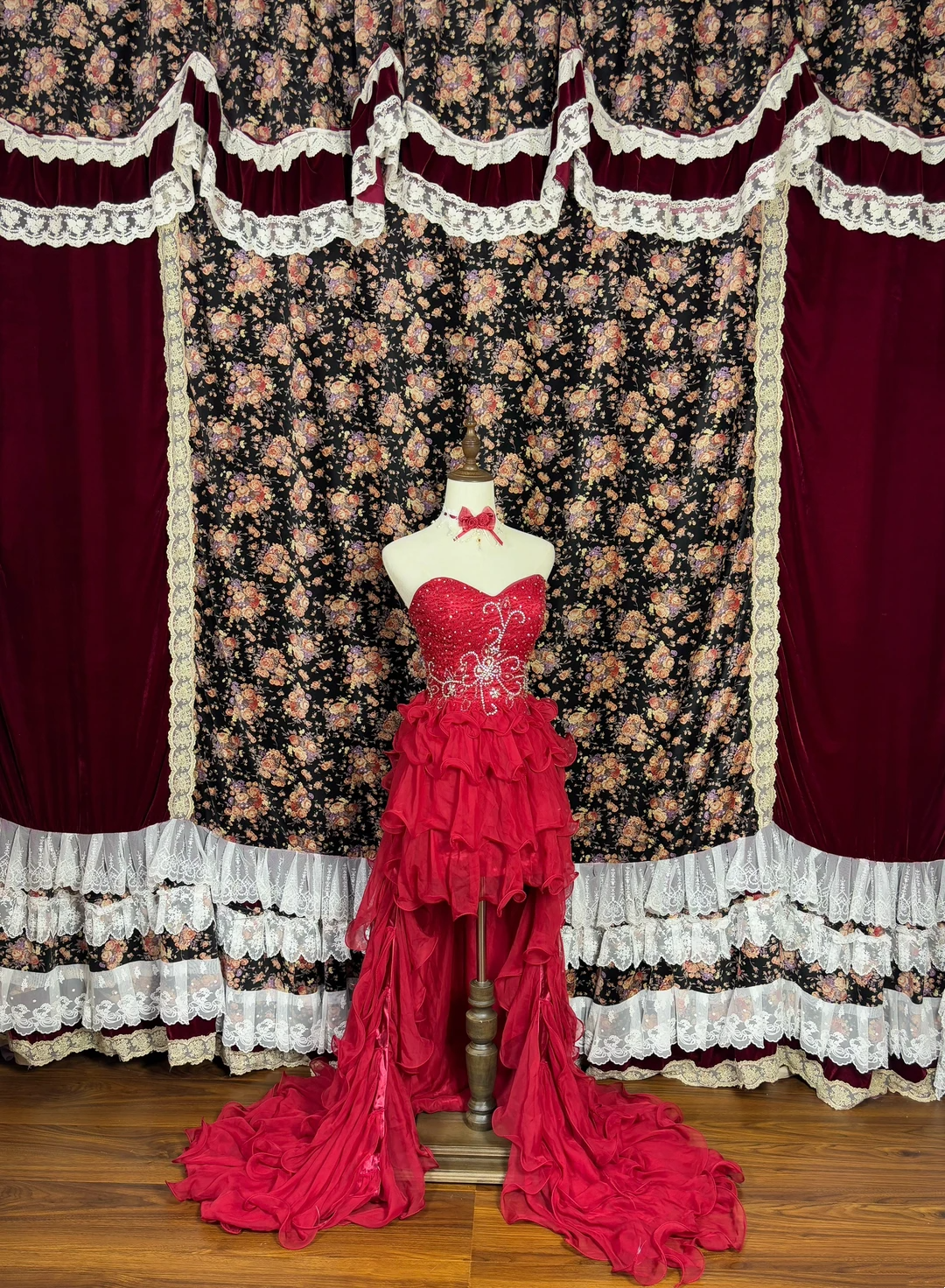 Sweetheart Red Ruffle Hight Low Prom Dress Beaded Evening Dress