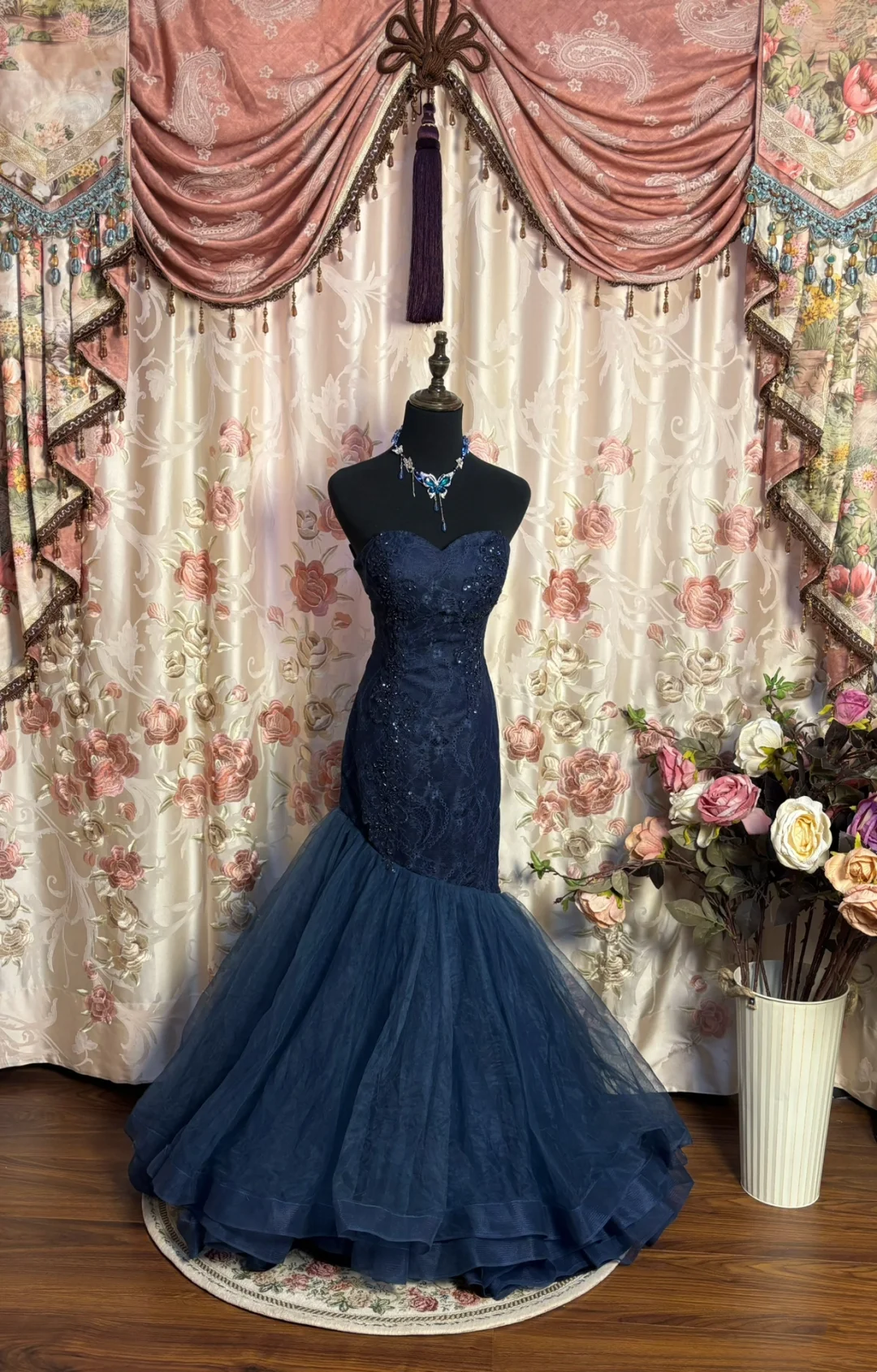 Navy Blue Lace Tulle Prom Dress Mermaid Evening Dress