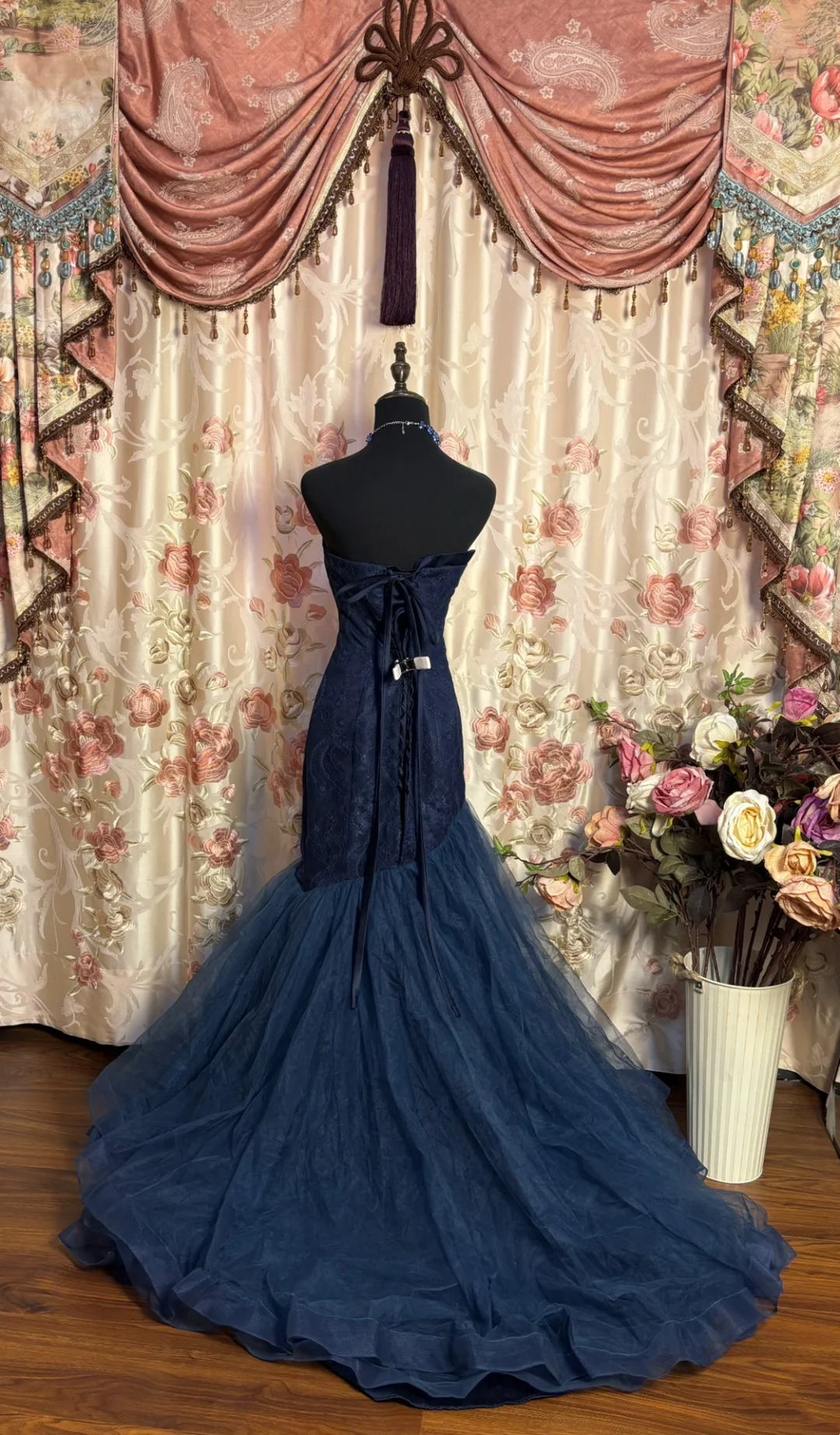 Navy Blue Lace Tulle Prom Dress Mermaid Evening Dress
