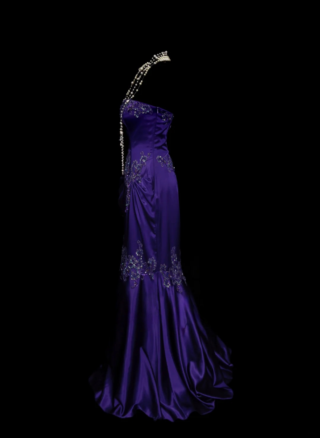 Strapless Purple Satin Prom Dress Applique Formal Party Dress