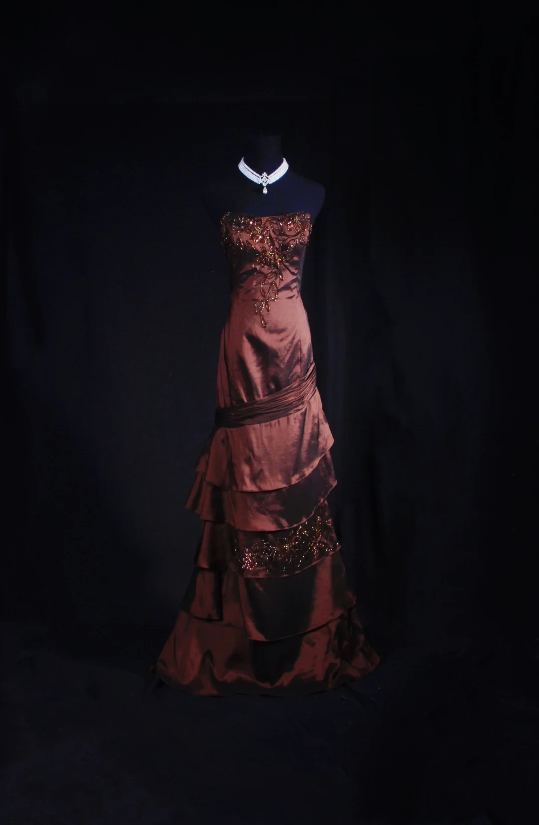 Strapless Brown Beaded Satin Prom Dress Layered Formal Evening Dress J9417