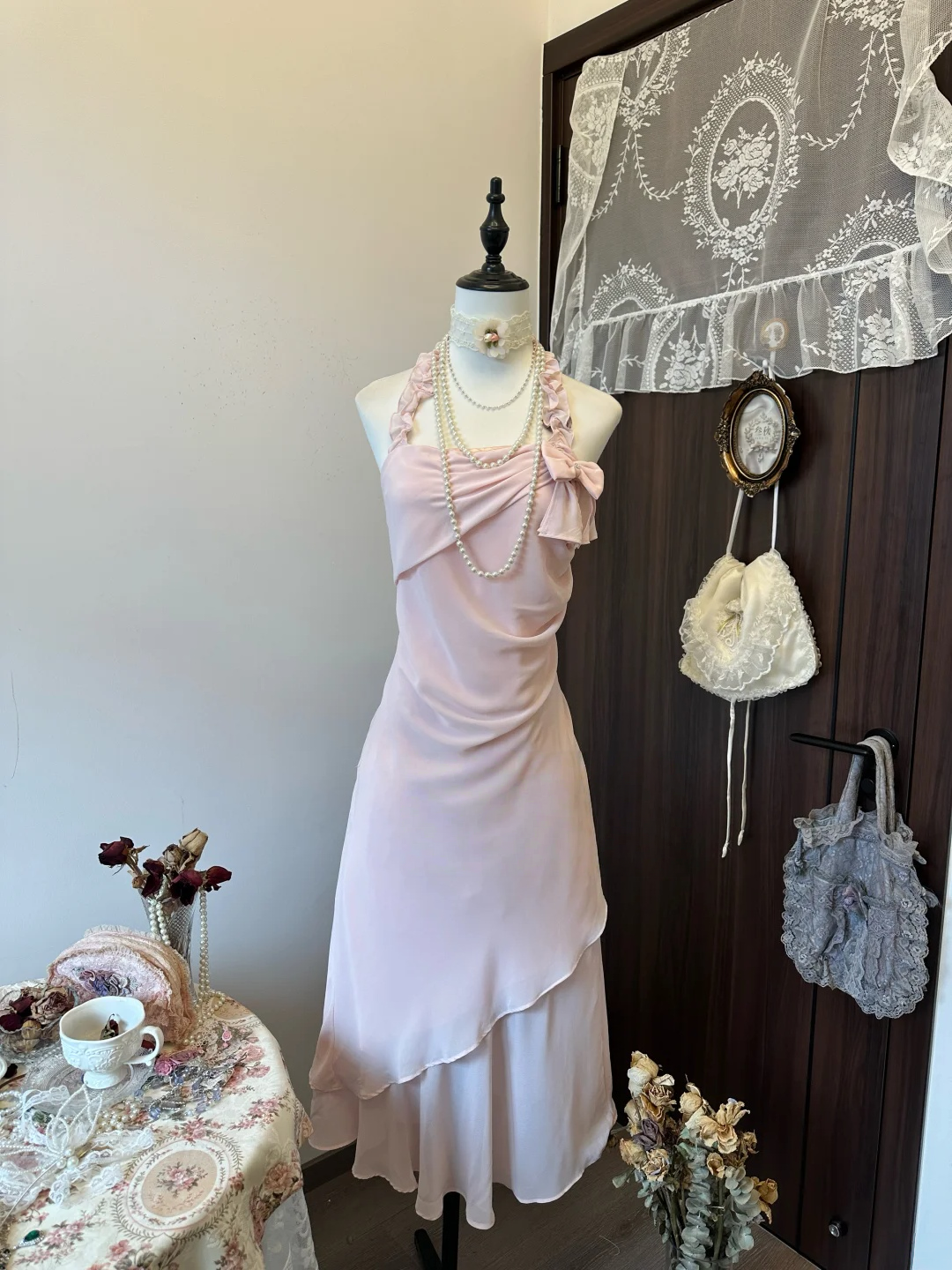 Halter Pink Chiffon Prom Dress Party Dress Ruffle Date Night Dress