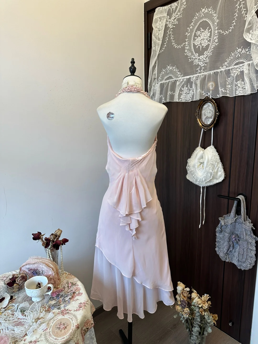 Halter Pink Chiffon Prom Dress Party Dress Ruffle Date Night Dress