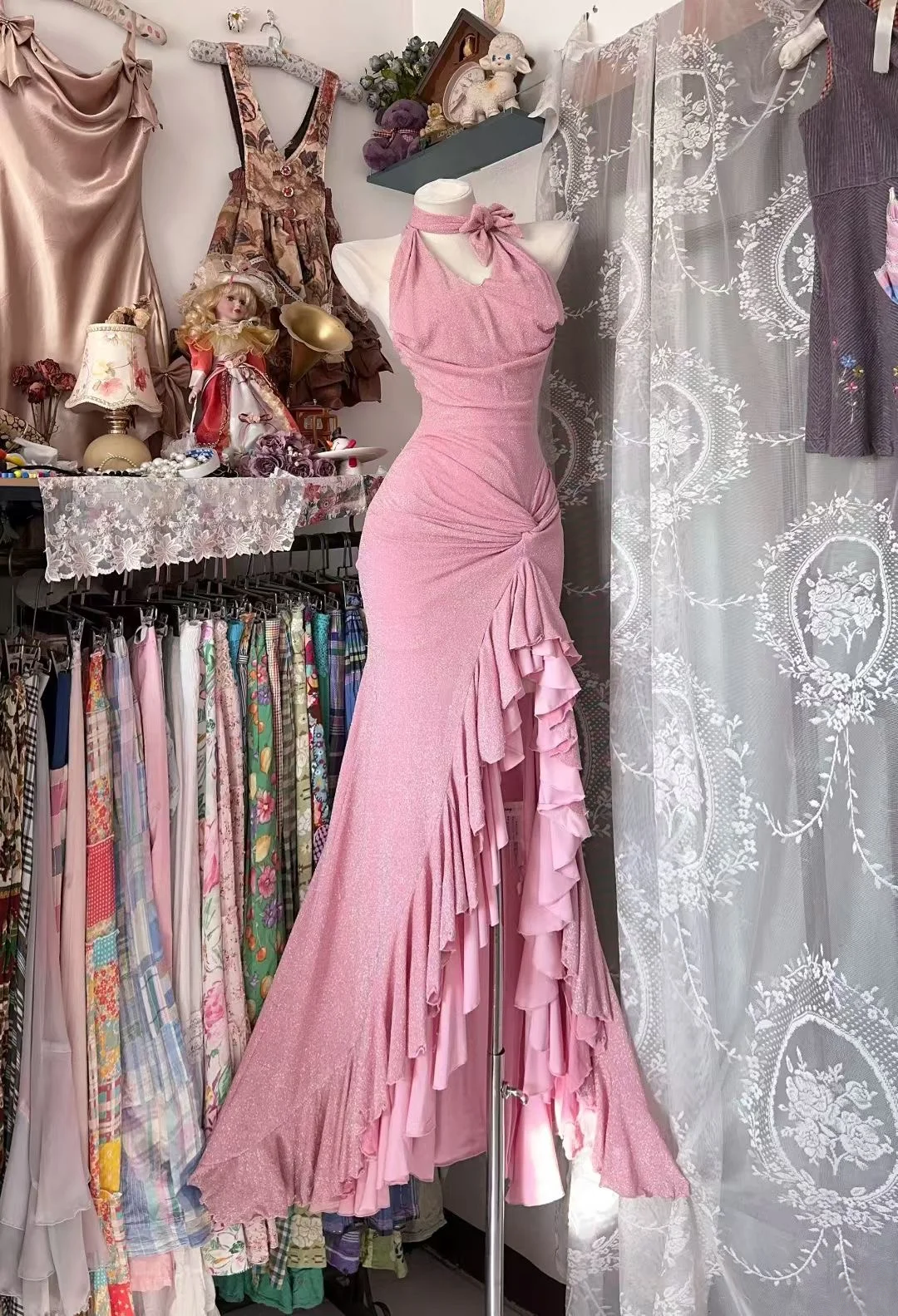 Mermaid Pink Ruffle Prom Dress Slit Formal Party Dress Evening Dress