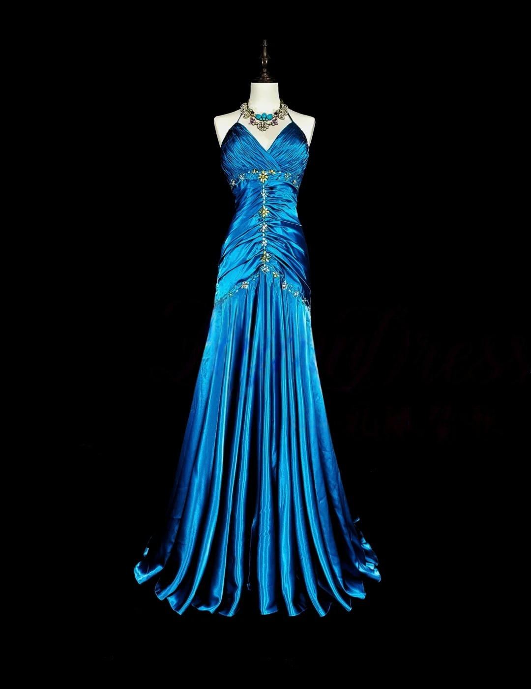 Halter Blue Satin Prom Dress Beaded Mermaid Evening Dress