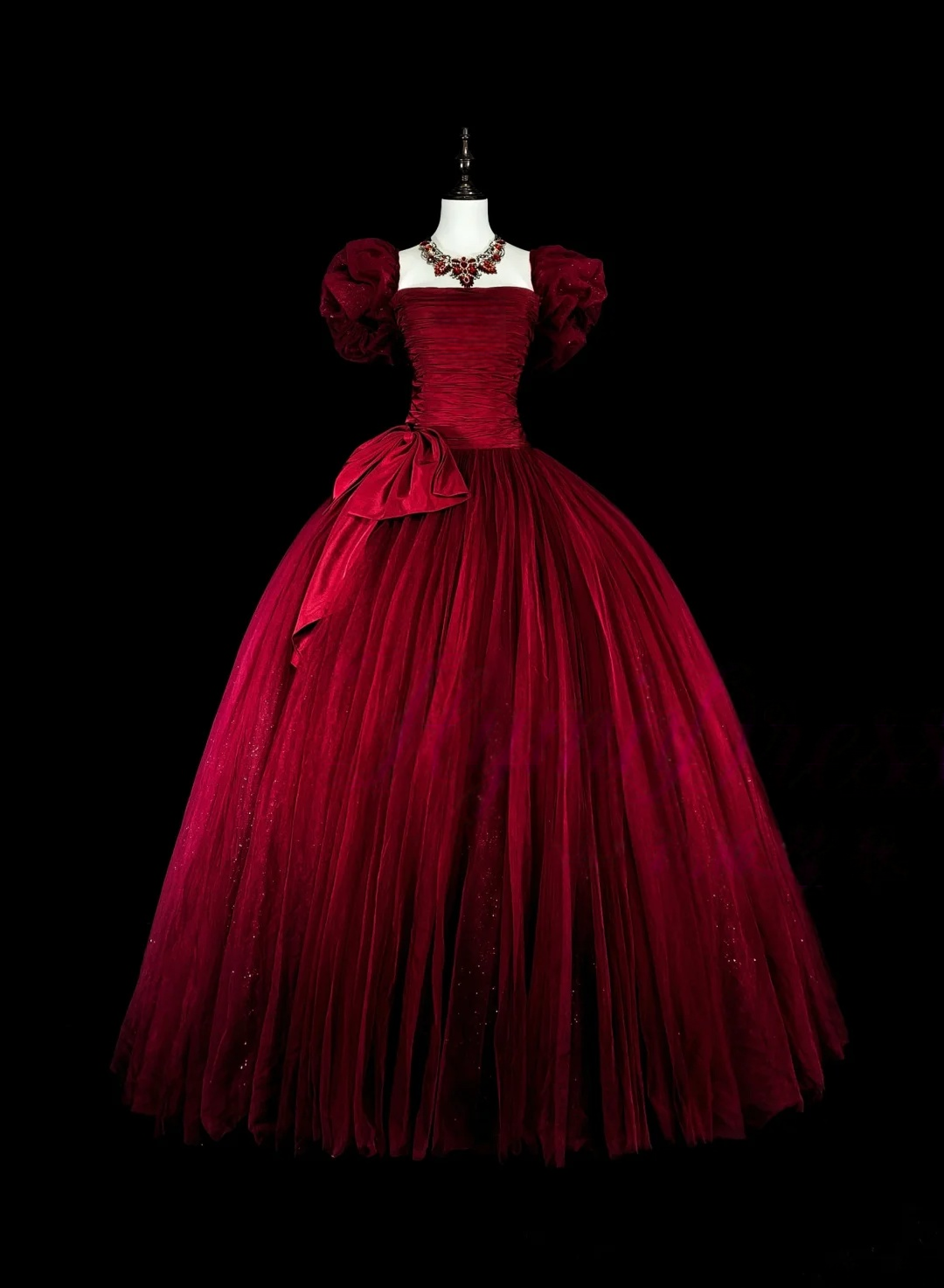 A-Line Burgundy Tulle Prom Dress Short Sleeves Birthday Dress