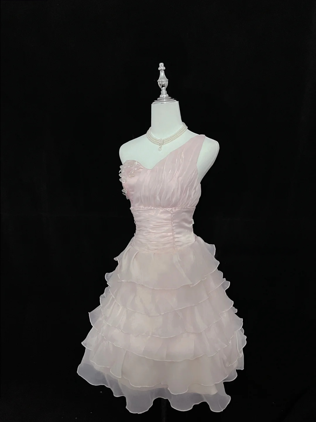 One-Shoulder Pink Layered Short Dress Organza Birthday Dress