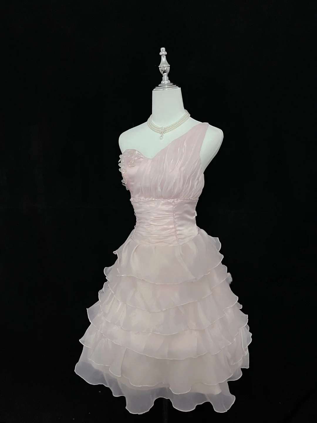 One-Shoulder Pink Layered Short Dress Organza Birthday Dress