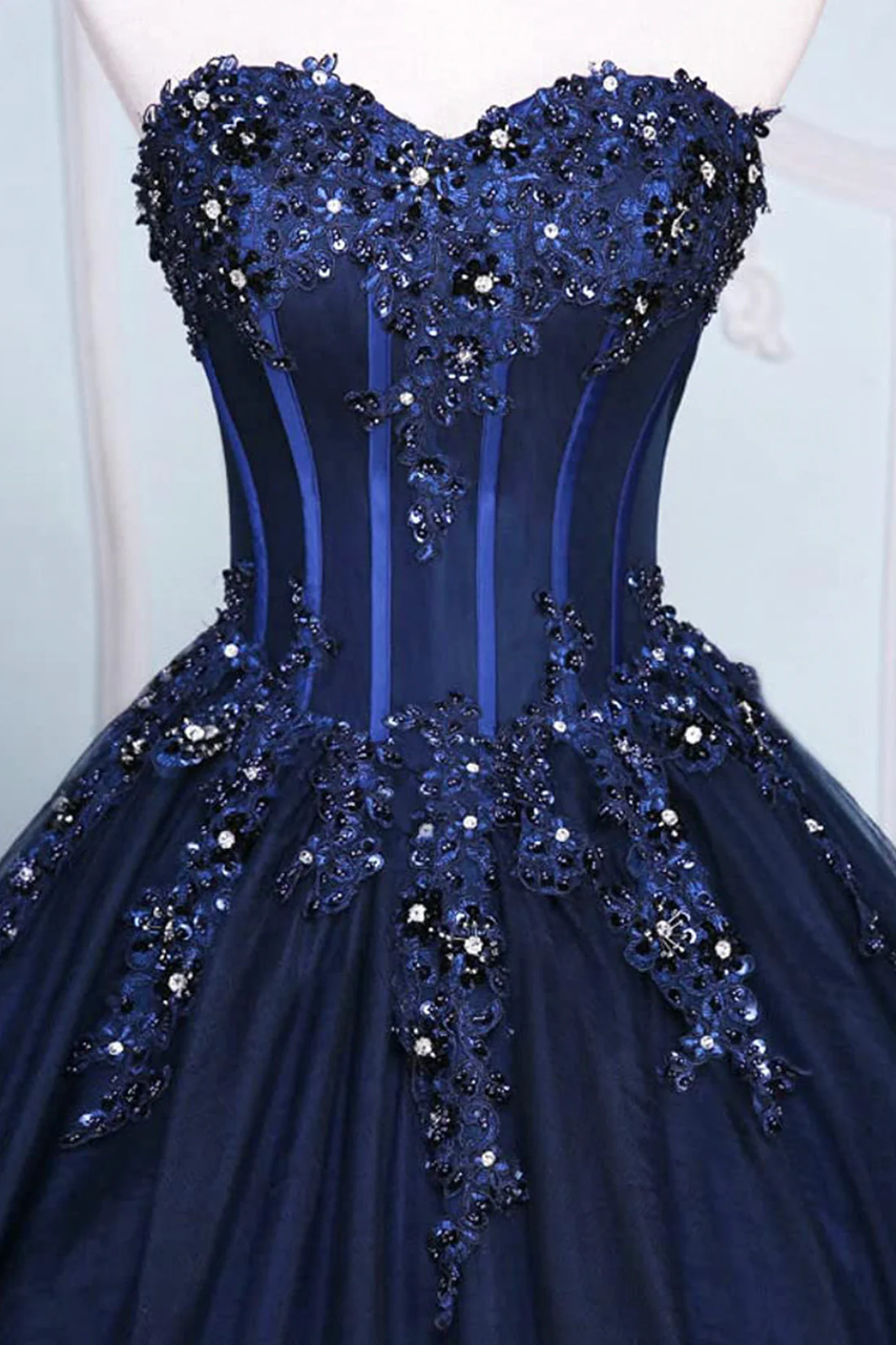 Sweetheart Navy Blue Beaded Applique Tulle Prom Dress J9470