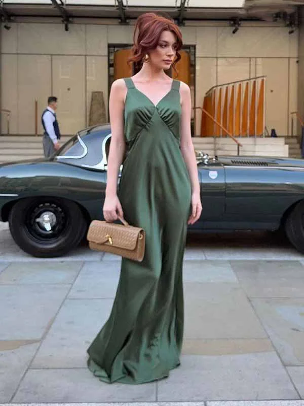 Simple Satin Dark Green V-Neck Maxi Dress Wedding Guest Dress