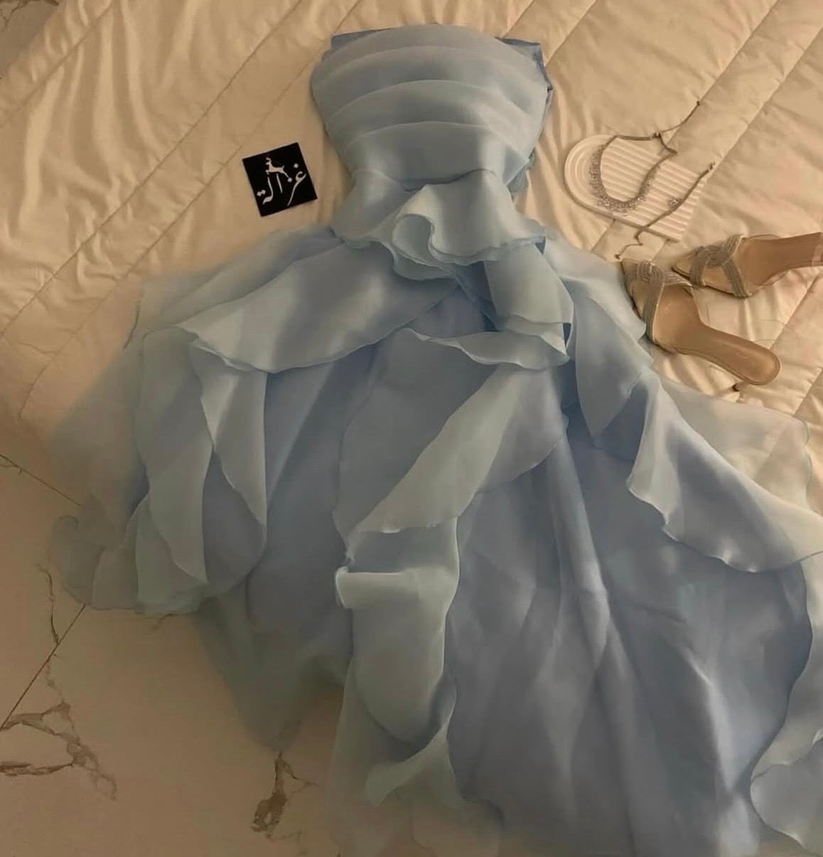 Strapless Sky Blue Prom Dress Ruffle A Line Chiffon Party Dress  J9496