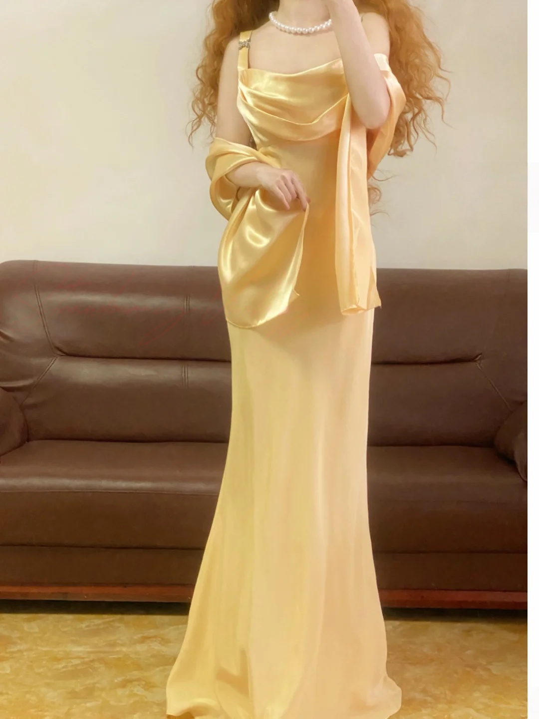 Yellow Mermaid Satin Prom Dress Vintage Formal Party Dress