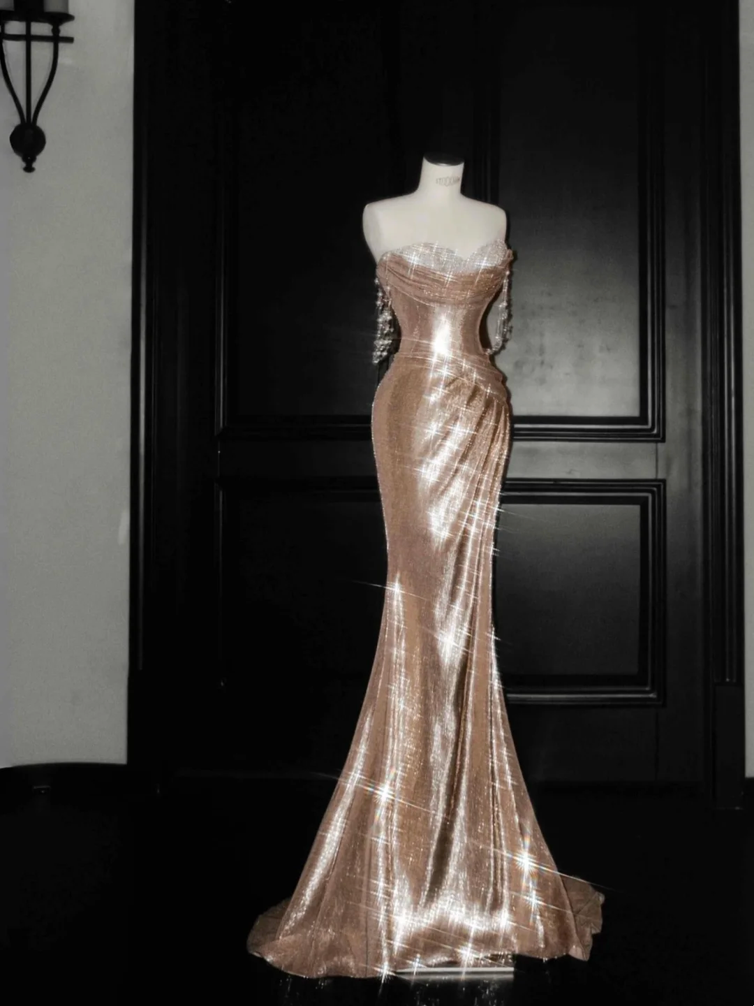 Off-the-Shoulder Gold Sequin Prom Dress Sexy Evening Dress