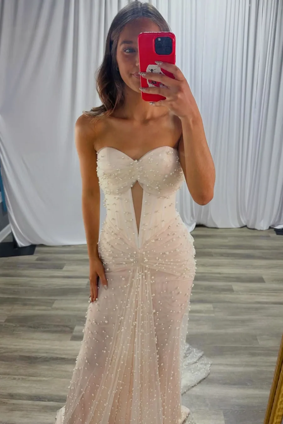 Strapless Sweetheart Beaded Pearls Wedding Dress Mermaid Long Prom Dress