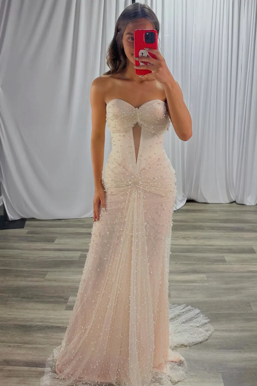 Strapless Sweetheart Beaded Pearls Wedding Dress Mermaid Long Prom Dress