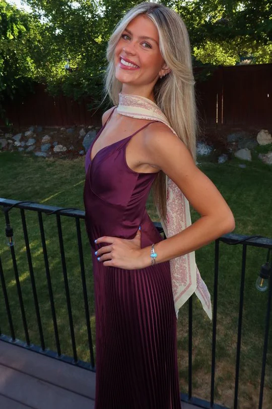 Spaghetti Straps V-Neck Pleated Long Formal Prom Dress Wedding Guest Dress