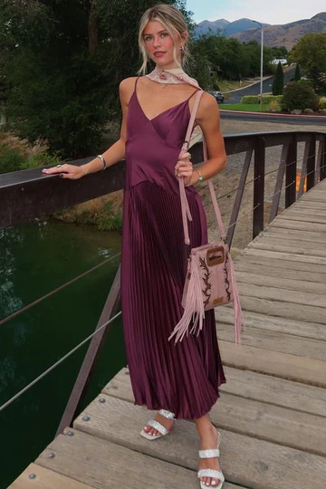 Spaghetti Straps V-Neck Pleated Long Formal Prom Dress Wedding Guest Dress