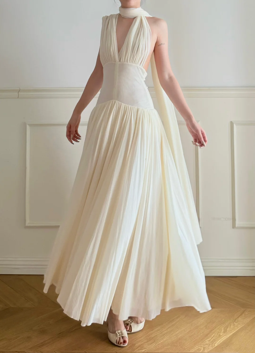 V-Neck Backless Beige Formal Wedding Dress Chiffon Evening Dress