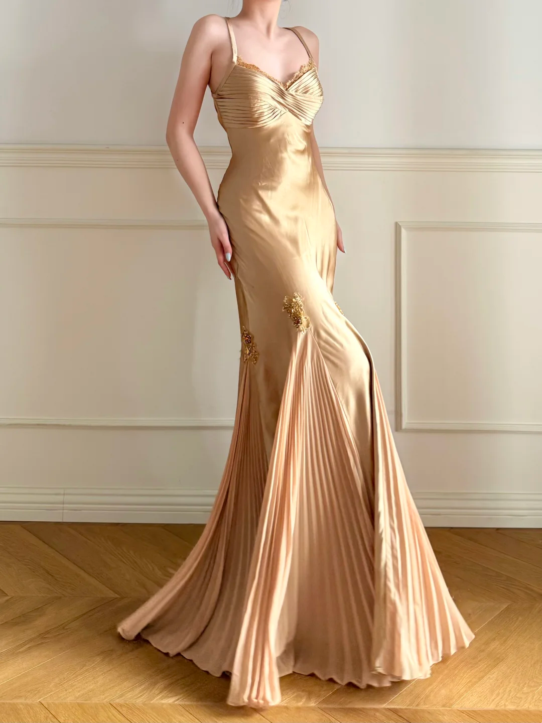 Sexy Backless Gold Prom Dress Pleated Satin Evening Dress