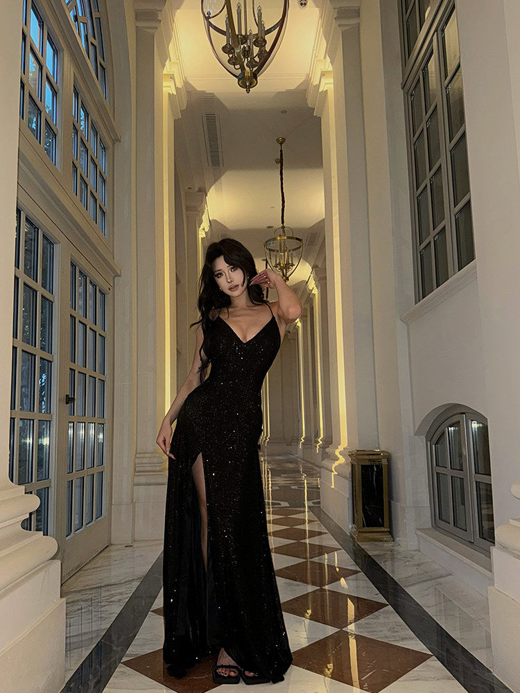 V-Neck Black Sequin Prom Dress Sparkle Evening Dress Birthday Dress