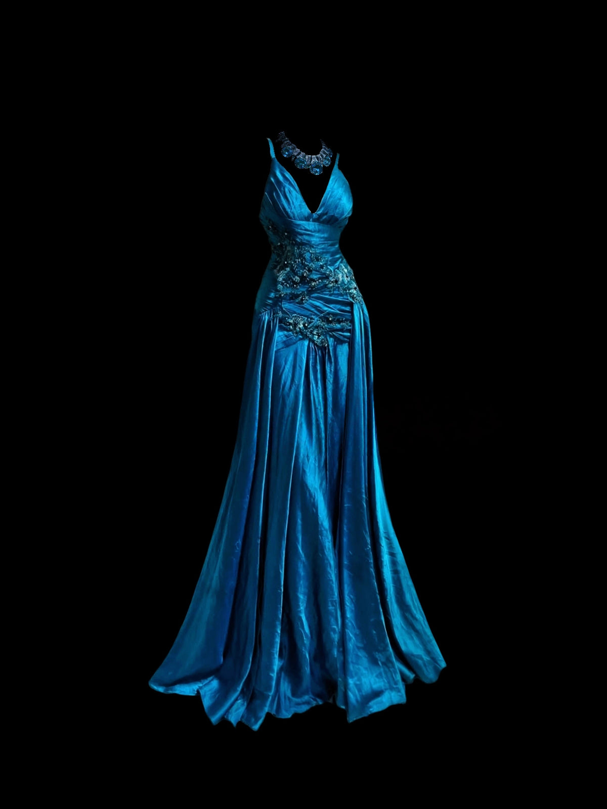 V-Neck Blue Satin Prom Dress Formal Party Dress With Applique