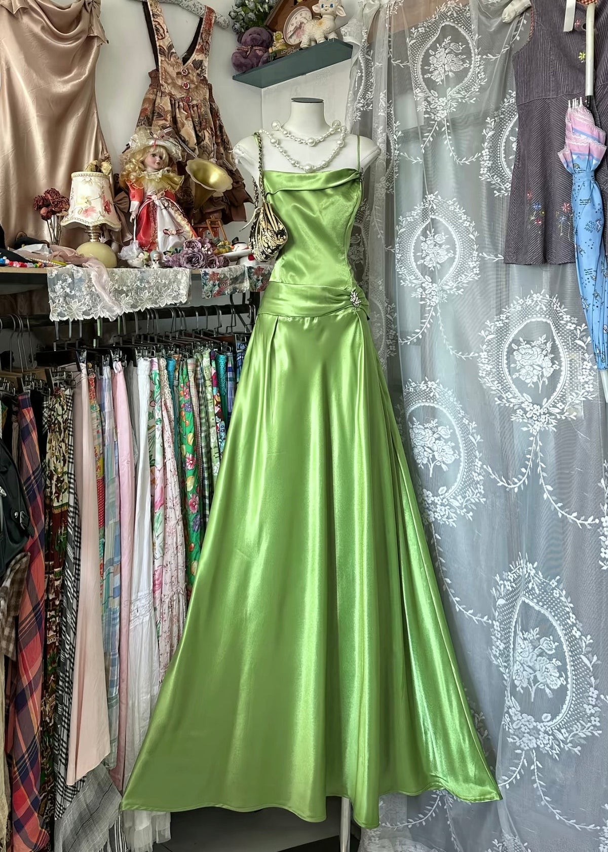 Spaghetti Strap Green Prom Dress Satin A-Line Evening Dress