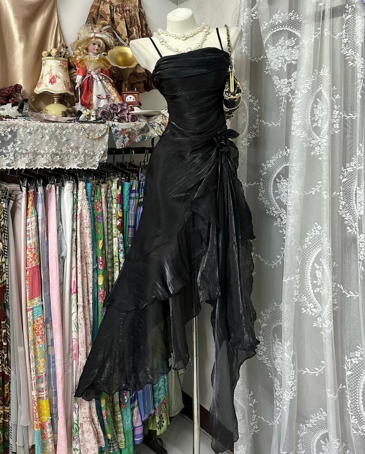 Spaghetti Strap Black Prom Dress Ruffle Evening Dress Birthday Dress