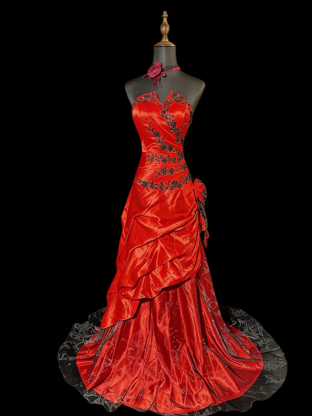 A-Line Red Satin Prom Dress With Appliques Retro Formal Evening Dress